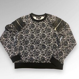 Y2K DKNY Shoulder Zip Lace Geometric Print Crewneck Black White Sweatshirt XS